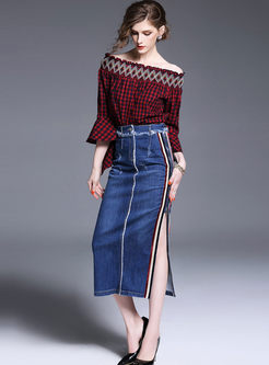 Fashionable Hit Color Slit Denim Skirt