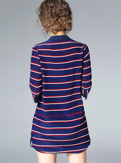 Brief V-Neck Half Sleeve Striped Shirt Dress