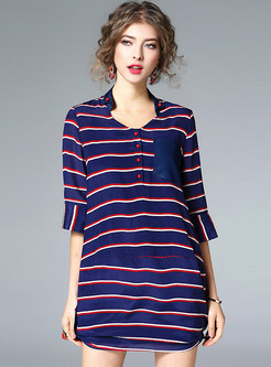 Brief V-Neck Half Sleeve Striped Shirt Dress
