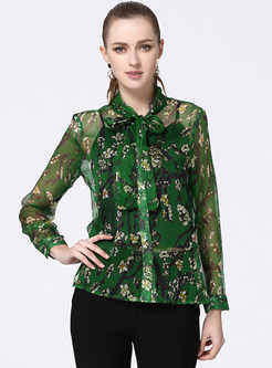 Casual Bowknot Long Sleeve Print Slim Blouse With Camisole
