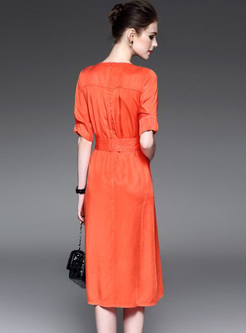 Elegant Orange Bat Sleeve Waist Skater Dress