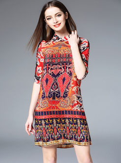 Ethnic Stand Collar Print Half Sleeve Silk Shift Dress