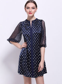 Stylish Oversize Dot Print Patchwork Silk Shift Dress