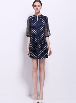 Stylish Oversize Dot Print Patchwork Silk Shift Dress