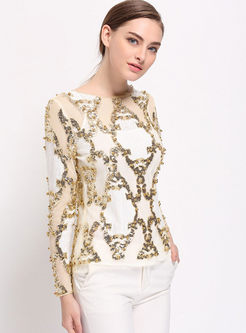 Chic Nail Bead Sequins Mesh Patchwork T-shirt