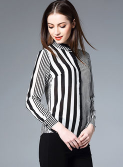 Modern Long Sleeve Stripe Stand Collar Blouse