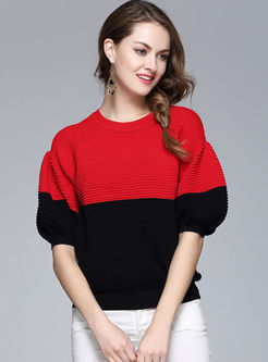 Stylish Puff Sleeve Hit Color Knit Sweater