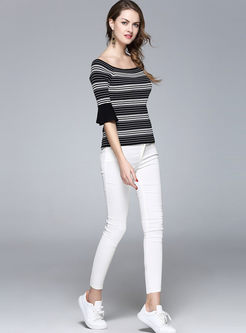 Chic Stripe Flare Sleeve Slash Neck Knit T-shirt