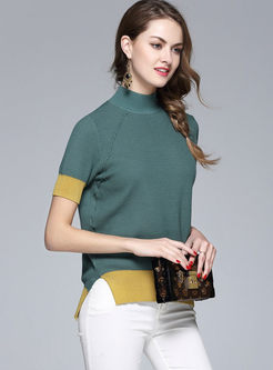 Casual Turtle Neck Hit Color Short Sleeve Sweater