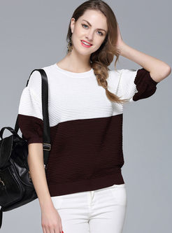 Brief Puff Sleeve Hit Color Knit Sweater