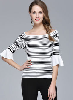Stylish Flare Sleeve Stripe Slash Neck Knit T-shirt