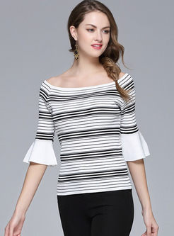 Stylish Flare Sleeve Stripe Slash Neck Knit T-shirt