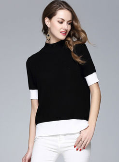 Fashionable Hit Color Turtle Neck Short Sleeve Sweater
