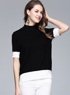 Fashionable Hit Color Turtle Neck Short Sleeve Sweater