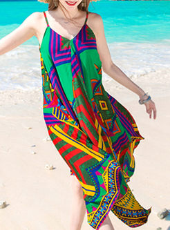 Ethnic Oversize Asymmetric Hit Color Print Shift Dress