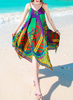 Ethnic Oversize Asymmetric Hit Color Print Shift Dress