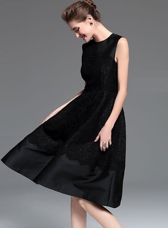Black Lace Patch Big Hem Waist Skater Dress