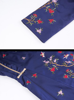 Ethnic Multicolor Embroidery Improved Cheongsam Skater Dress