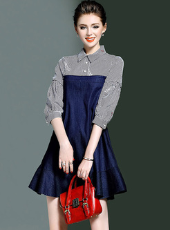 Chic Color-blocked Lapel Embroidery Shift Dress