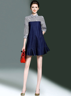 Chic Color-blocked Lapel Embroidery Shift Dress