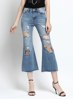 Stylish Hole High Waist Flare Jeans