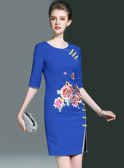 Vintage Embroidery Split Half Sleeve Ethic Bodycon Dress