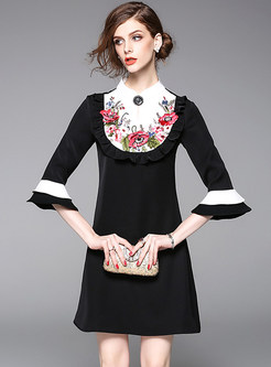 Sweet Stand Collar Embroidery Flare Sleeve Shift Dress