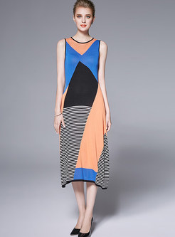 Chic Sleeveless Slim Hit Color Maxi Dress