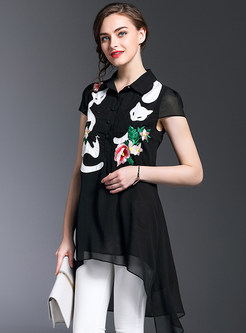Ethnic Turn Down Collar Embroidery Asymmetrical Blouse