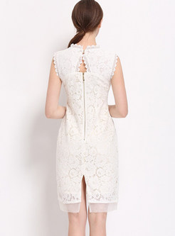 Elegant Pure Color Sleeveless Embroidery Bodycon Dress