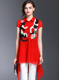 Ethnic Turn Down Collar Embroidery Asymmetrical Blouse