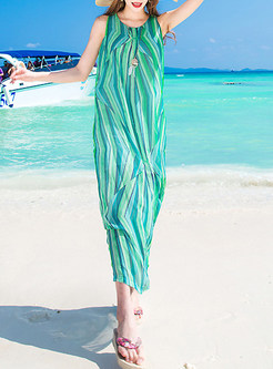 Casual Striped O-Neck Sleeveless Plus Size Maxi Dress