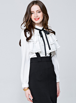 Cute Stand Collar Solid Color Peplum Blouse