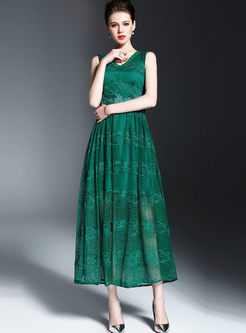 Elegant V-neck Lace Embroidery Maxi Dress