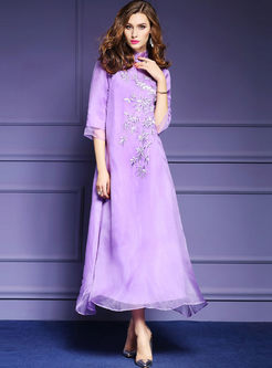 Loose Stand Collar Embroidery Maxi Dress