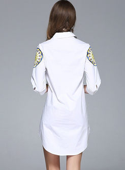 Brief Loose Embroidery Lapel 3/4 Sleeve Shift Dress