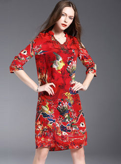 Ethnic 3/4 Sleeve Print Silk Shift Dress