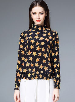 High-end Star Print Long Sleeve Silk T-shirt