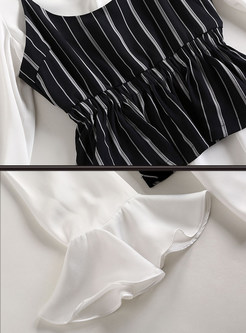 Fashion Stripe Tops & Brief Turn Down Collar Blouse