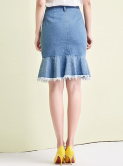 Casual Patch Embroidery Mermaid Denim Skirt