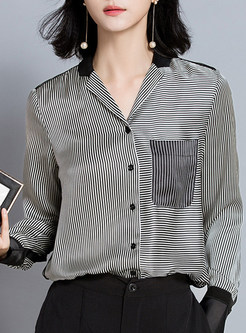 Brief Striped Turn Down Collar Loose Blouse