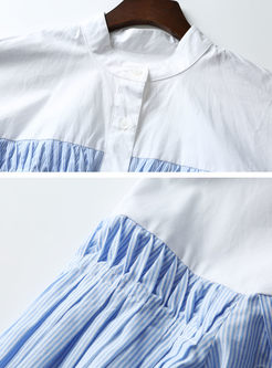 Brief Stripe Patchwork Stand Collar T-shirt