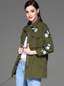 Stylish Army Green Embroidery Patch Coat