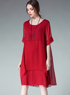 Brief Pure Color Stitching Shift Dress