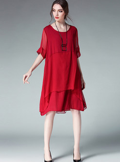 Brief Pure Color Stitching Shift Dress