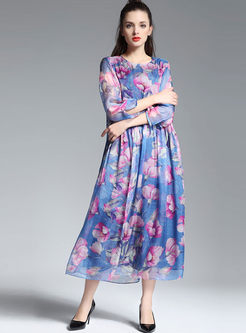 Elegant O-neck Print Silk Maxi Dress
