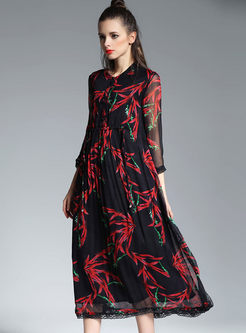 Oversize 3/4 Sleeve Print Silk Maxi Dress