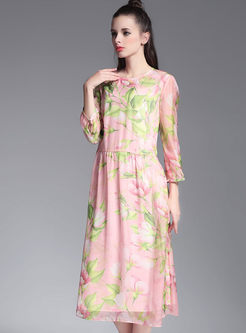 Elegant O-neck Print Silk Maxi Dress
