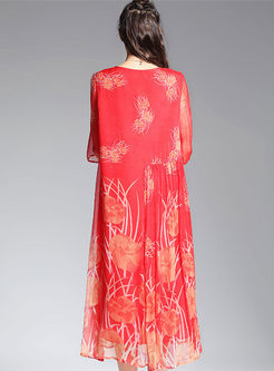 Oversize Loose Half Sleeve Print Silk Shift Dress