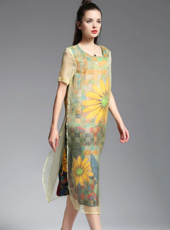 High-end Oversize Print Silk Shift Dress